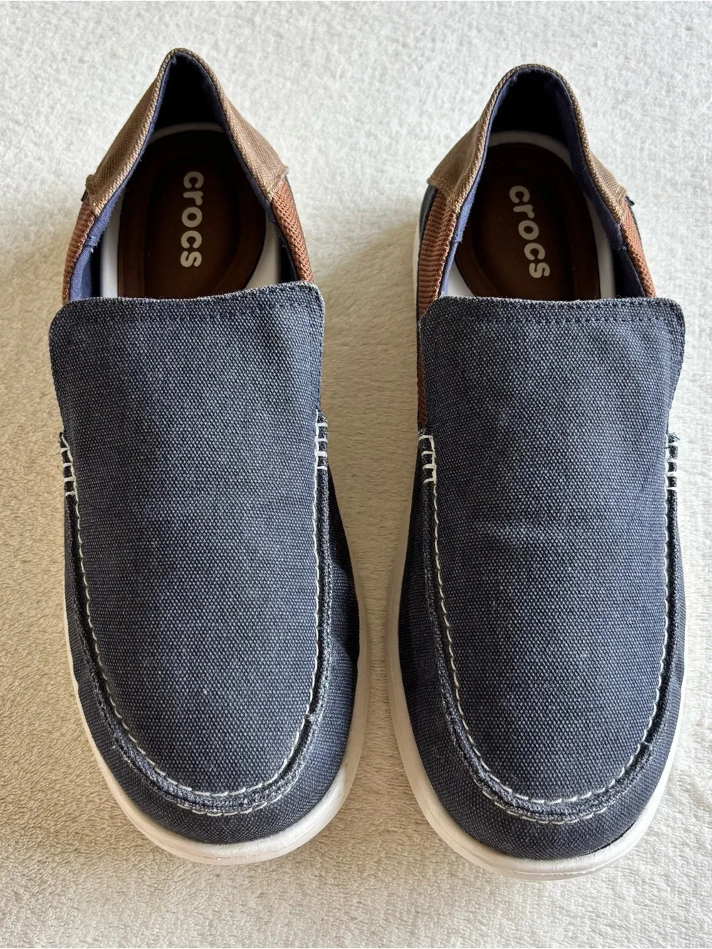 Crocs Santa Cruz 2.0 Men Sz 12 slide on loafers Navy/Hazelnut beach travel